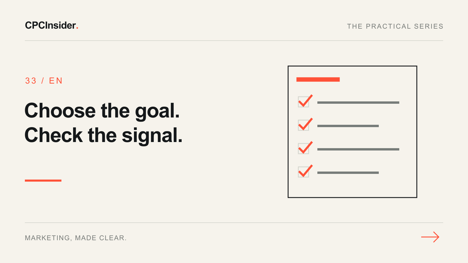 Editorial illustration: Choose the goal. Check the signal.